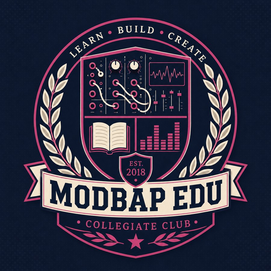 Modbap EDU Collegiate Club badge: a shield carrying a modular synth panel, an open book and a level meter, ringed by Learn, Build, Create, established 2018